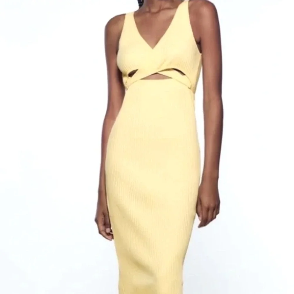 Zara Butter Yellow Bodycon Cut Out‎ Midi Dress M - Picture 7 of 11